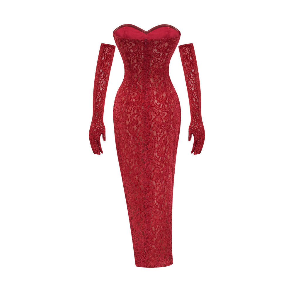 Heidi-Mode | Rote Verzierte Midi Kleid (mit Handschuhen)