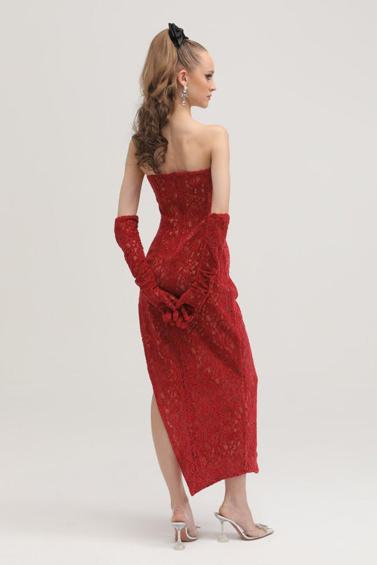 Heidi-Mode | Rote Verzierte Midi Kleid (mit Handschuhen)