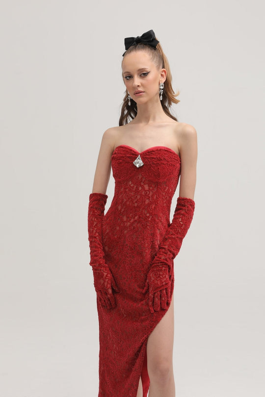 Heidi-Mode | Rote Verzierte Midi Kleid (mit Handschuhen)