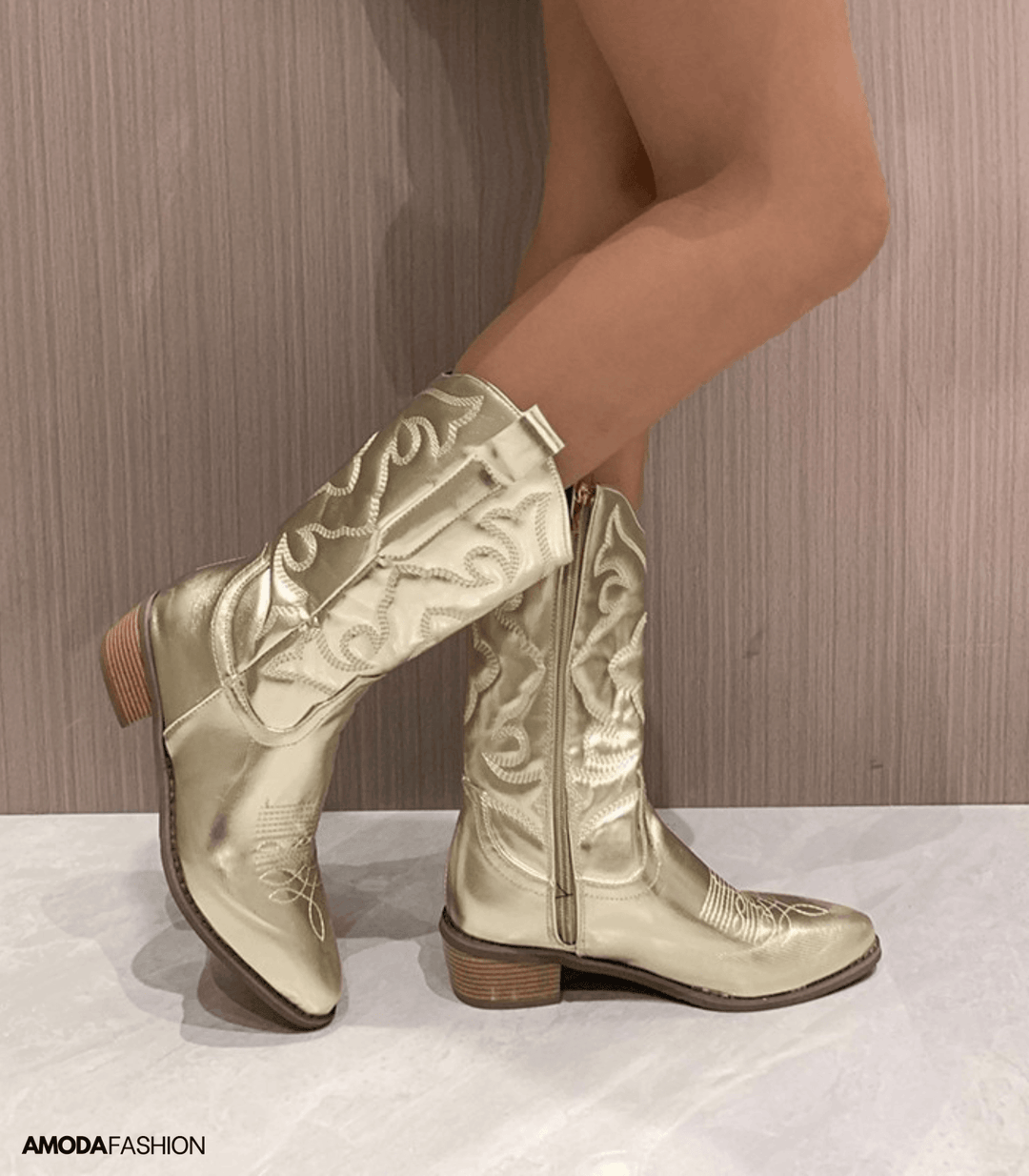Heidi-Mode | Cowboy Vegan Glattleder Stiefeletten mit Absatz für Frauen