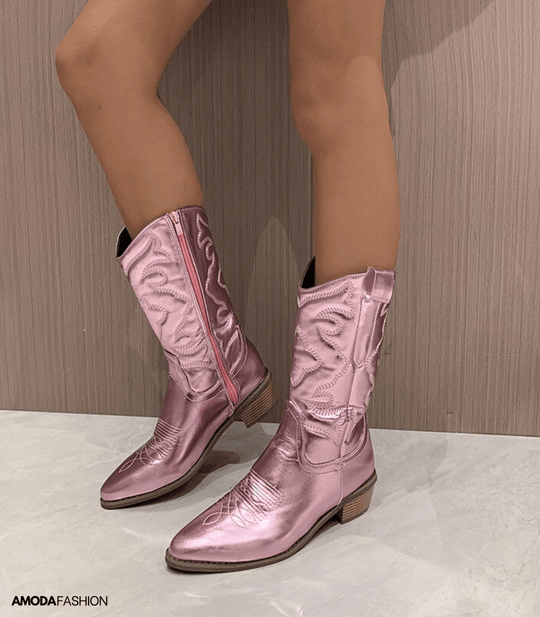 Heidi-Mode | Cowboy Vegan Glattleder Stiefeletten mit Absatz für Frauen