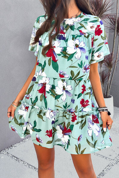 Heidi-Mode | Gedrucktes Gestuftes Rundhals-Minikleid