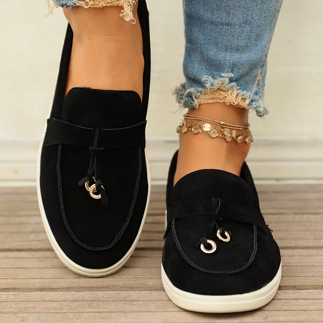 Heidi-Mode | Damen Mokassins mit Fransen und Eisenring, Slip-On Schuhe mit Rundem Zehen