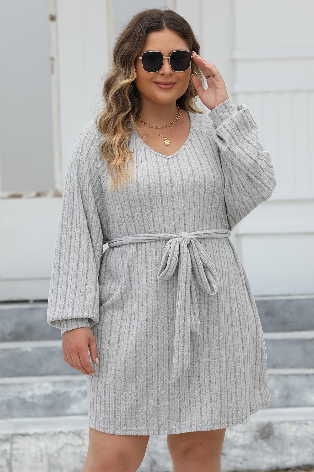 Heidi-Mode | Plus Size Rippstrick Knotenfront Langarm Pullover Kleid