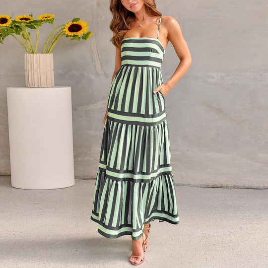 Heidi-Mode | Charlotte Sommerstreifen Gedruckt Träger Lange Kleid mit Taschen, Mode Rechteckiger Ausschnitt, Rückenfreie Kleider für Strandurlaub Damen Kleidung