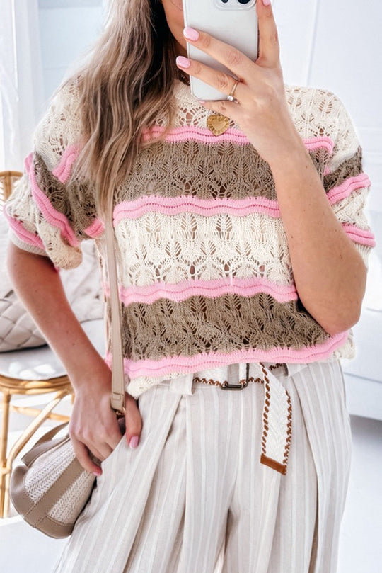 Stripe Color Block Hollow Out Crochet Half Sleeve Pullover