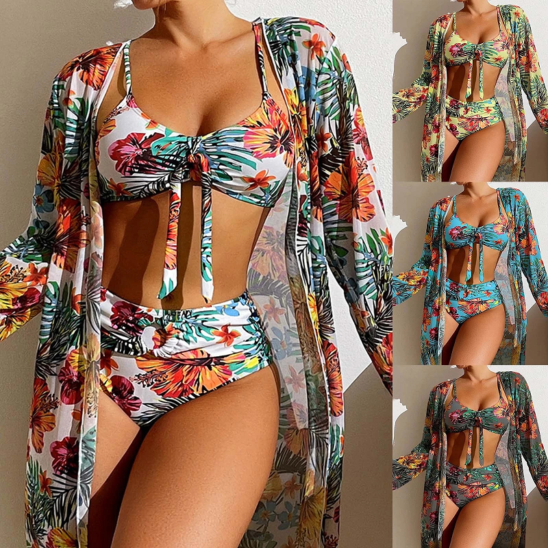 Heidi-Mode | 3-Teiliges Bikini-Set Bindefront Zum Oberteil Hoch Geschnittene Panties Langärmliges Mesh Cover-Up