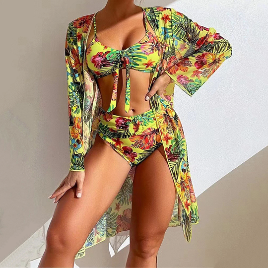 Heidi-Mode | 3-Teiliges Bikini-Set Bindefront Zum Oberteil Hoch Geschnittene Panties Langärmliges Mesh Cover-Up