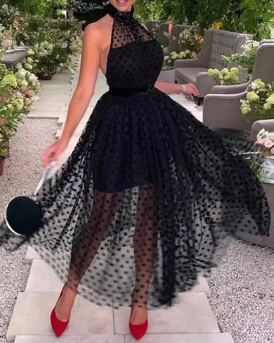 Heidi-Mode | Schwarzes Gepunktetes Transparentes Ärmelloses Kleid mit Stehkragen