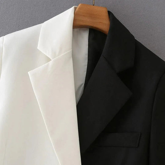 Heidi-Mode | Schwarze-Weiße Cropped Blazer Damen - Lässig - Patchwork