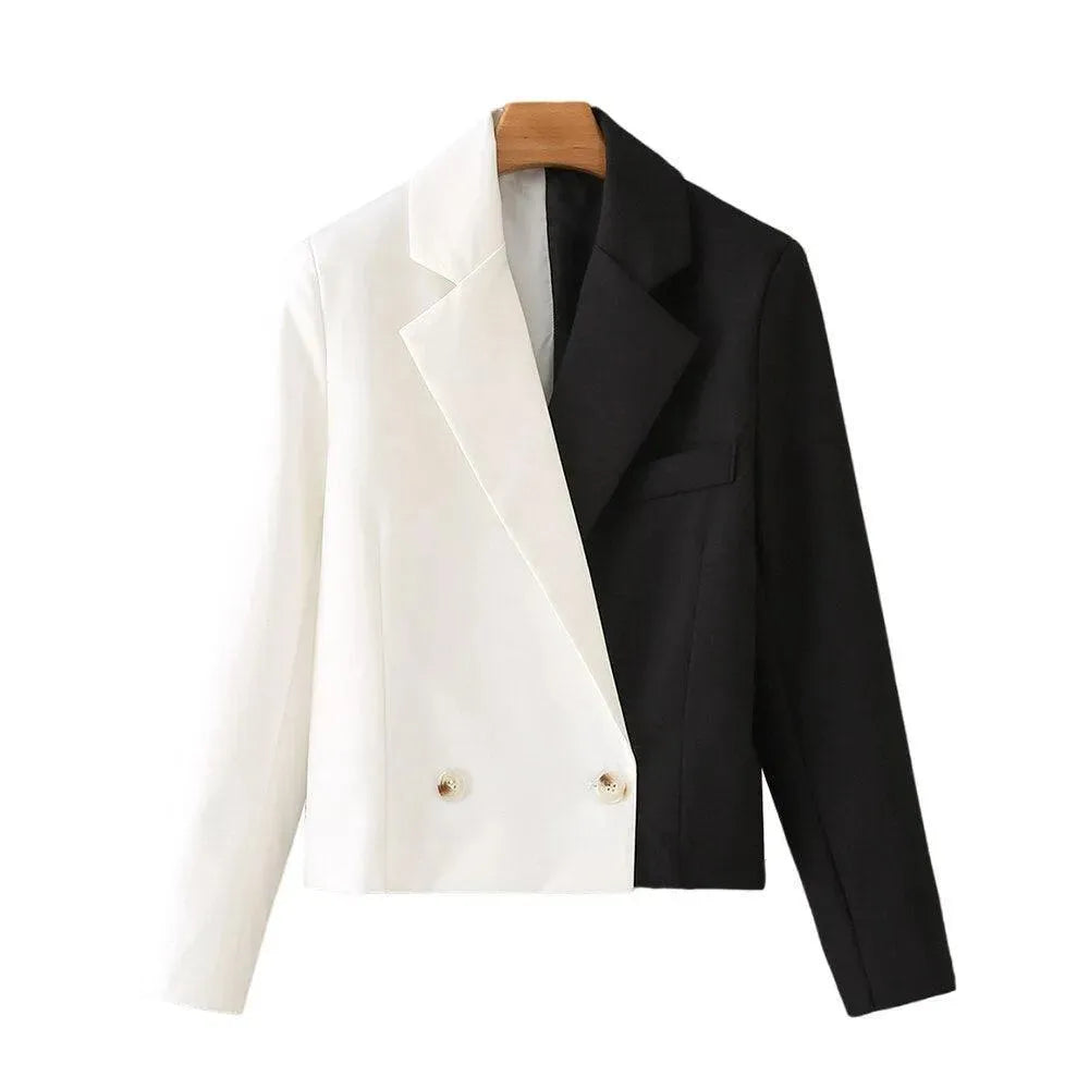 Heidi-Mode | Schwarze-Weiße Cropped Blazer Damen - Lässig - Patchwork