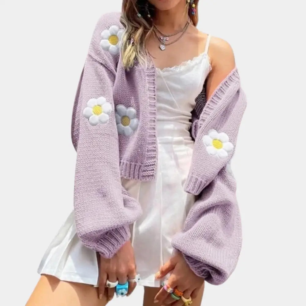 Heidi-Mode | Strick Sommer Strickjacke Damen mit Blumenstickerei Daisy