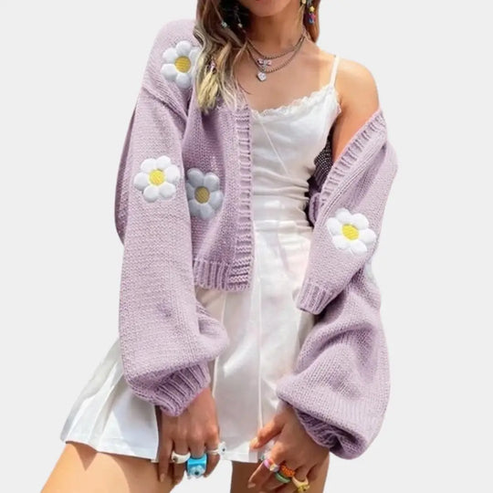 Heidi-Mode | Strick Sommer Strickjacke Damen mit Blumenstickerei Daisy