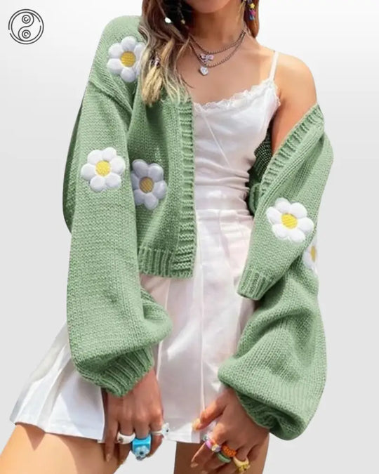 Heidi-Mode | Strick Sommer Strickjacke Damen mit Blumenstickerei Daisy