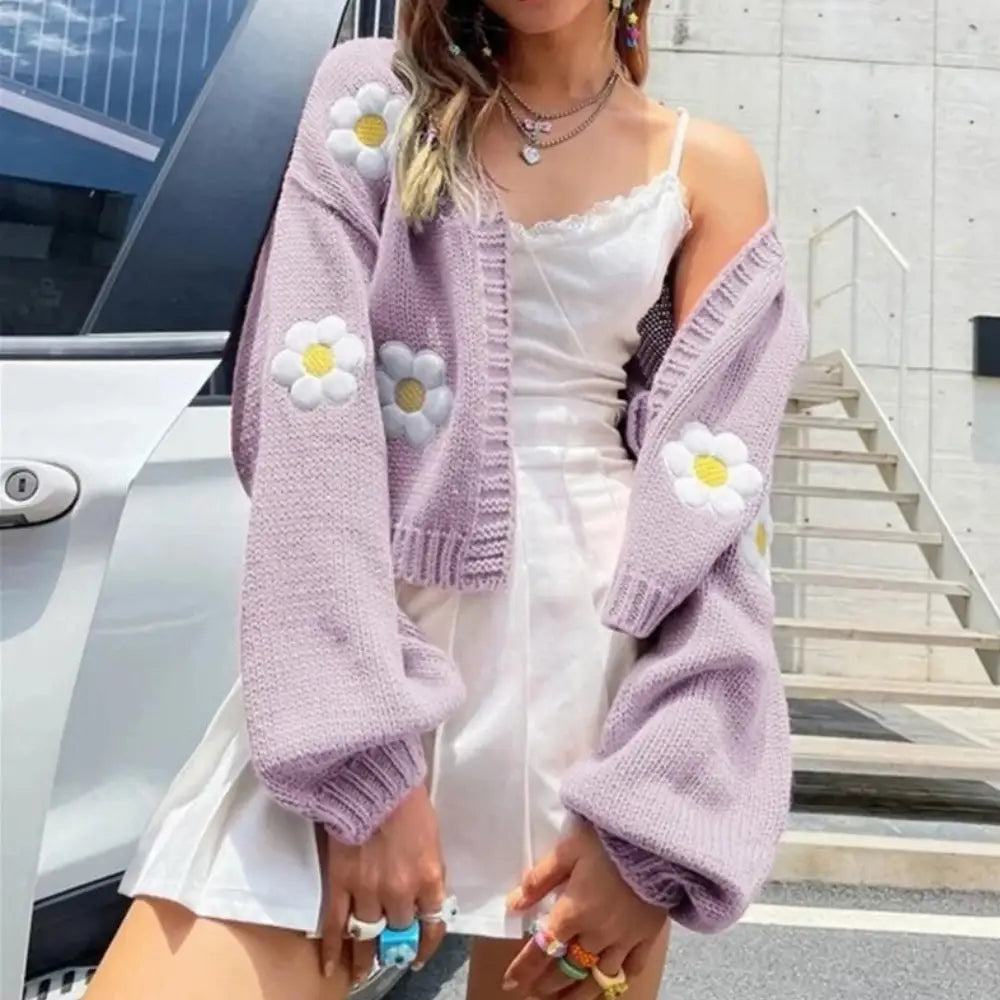 Heidi-Mode | Strick Sommer Strickjacke Damen mit Blumenstickerei Daisy