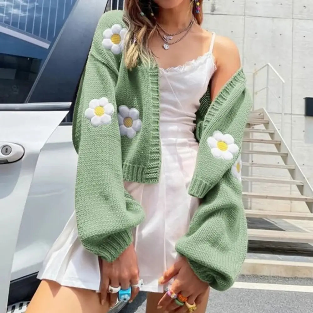 Heidi-Mode | Strick Sommer Strickjacke Damen mit Blumenstickerei Daisy
