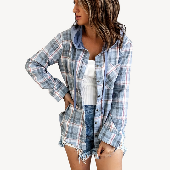 Heidi-Mode | Damen Karierte Button-Down Hemdjacke mit Kapuze