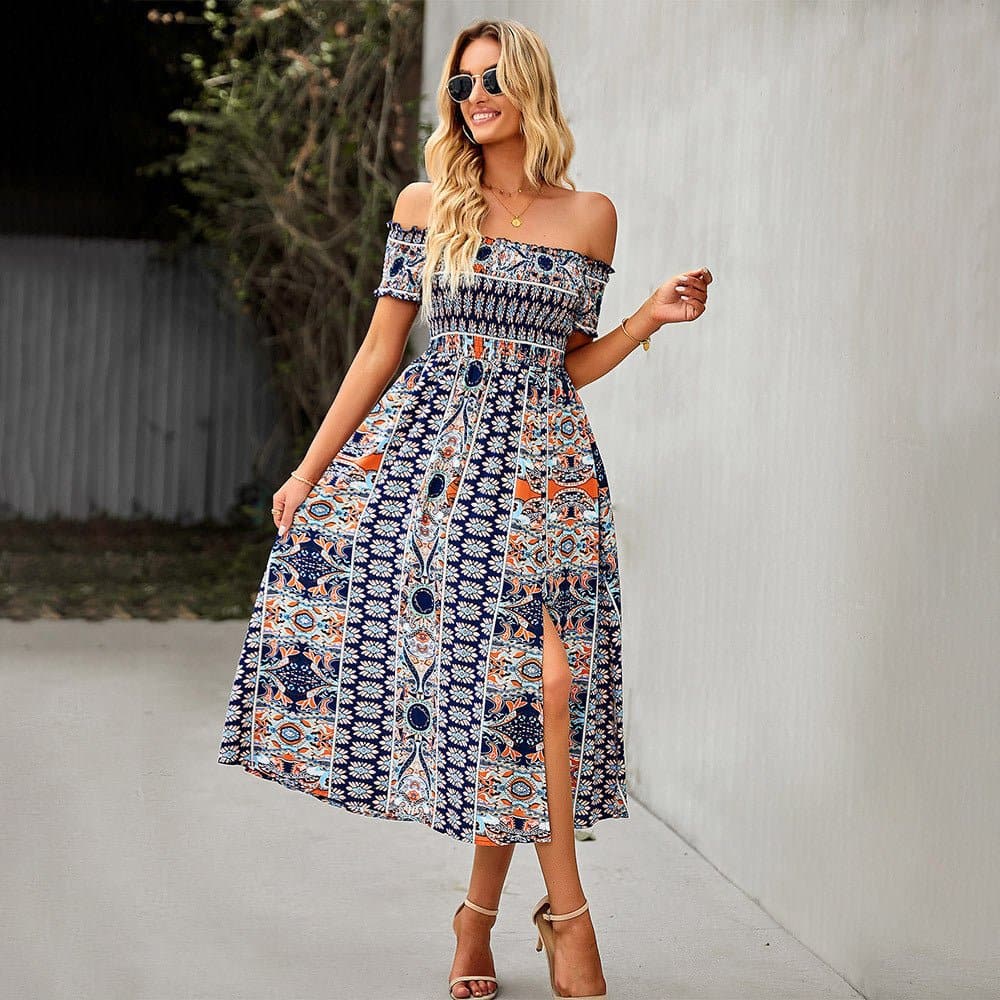 Heidi-Mode | Maxi Kleid Off Shoulder Smock Taille Boheme Muster Schlitz