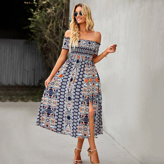 Heidi-Mode | Maxi Kleid Off Shoulder Smock Taille Boheme Muster Schlitz