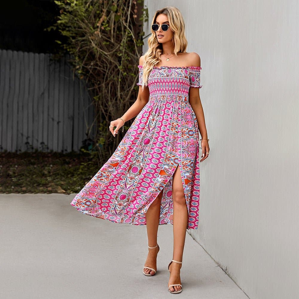 Heidi-Mode | Maxi Kleid Off Shoulder Smock Taille Boheme Muster Schlitz