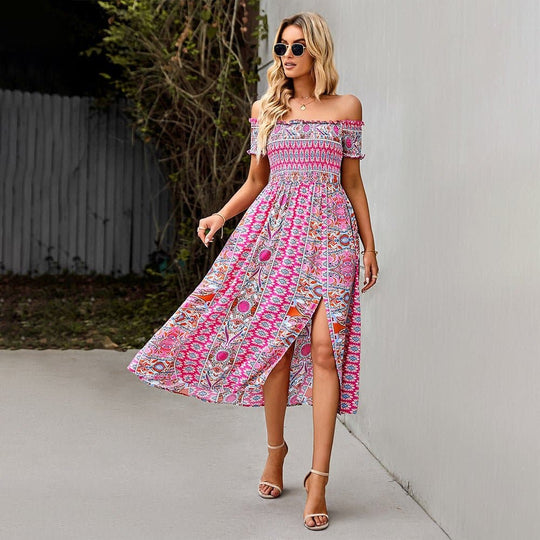 Heidi-Mode | Maxi Kleid Off Shoulder Smock Taille Boheme Muster Schlitz
