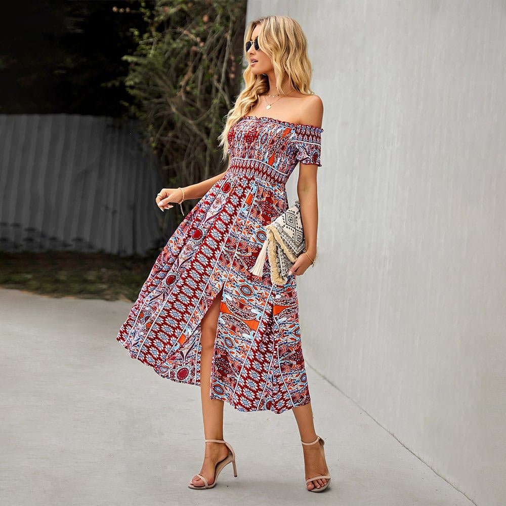 Heidi-Mode | Maxi Kleid Off Shoulder Smock Taille Boheme Muster Schlitz