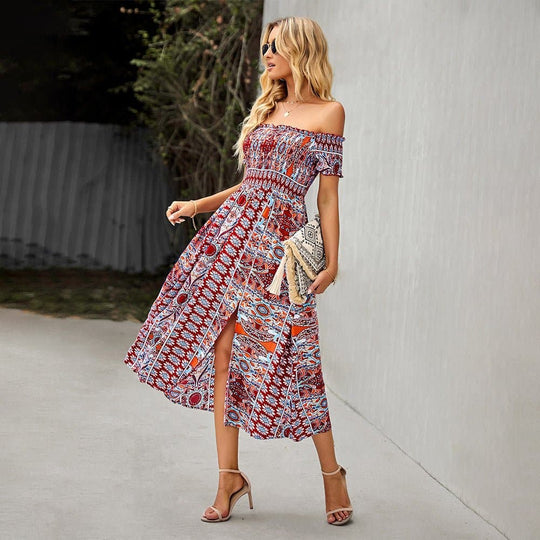Heidi-Mode | Maxi Kleid Off Shoulder Smock Taille Boheme Muster Schlitz
