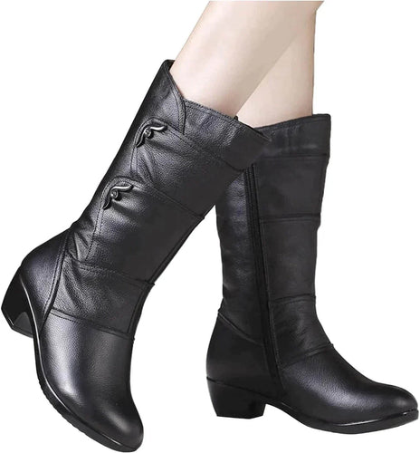 Heidi-Mode | Mid Calf Stiefel Lederähnliche Optik Seitenreißverschluss Niedriger Absatz Figurbetonte Silhouette