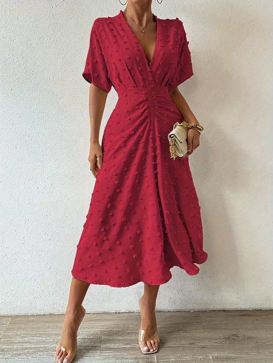Heidi-Mode | Swiss Dot Rüsch Plissee Tiefer U-Ausschnitt Kurze Ärmel Midi Formelle Kleid für Frauen