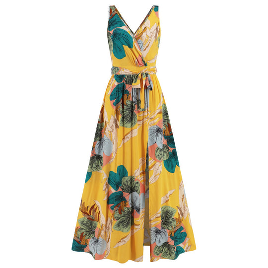 Sommer Mode Taille Krawatte Schlitz Design ärmelloses Kleid