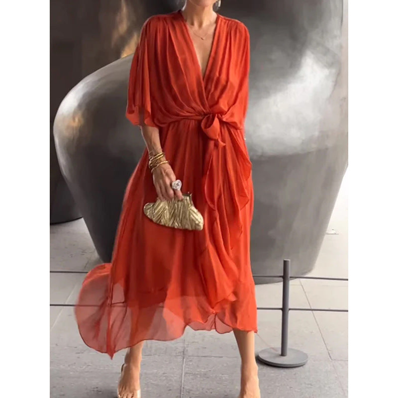 Heidi-Mode | V-Ausschnitt Sommerkleid mit Fledermausärmeln Im Unifarben Design