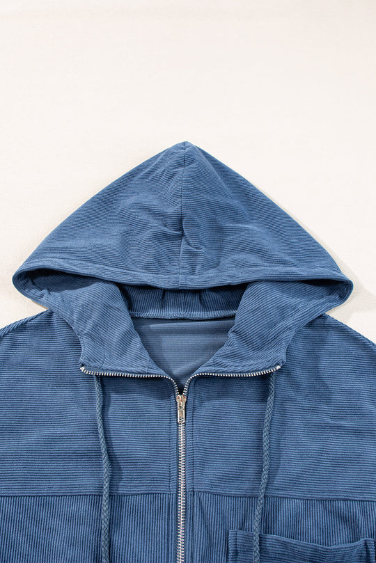 Blaugrüne Cordjacke Mit Kordelzug Und Kapuze Und Reißverschluss