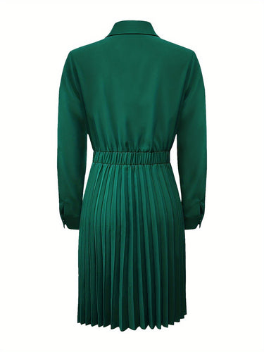 Heidi-Mode | Baumwolle Knopf Front Plissiert Langarm Abendkleid für Frauen