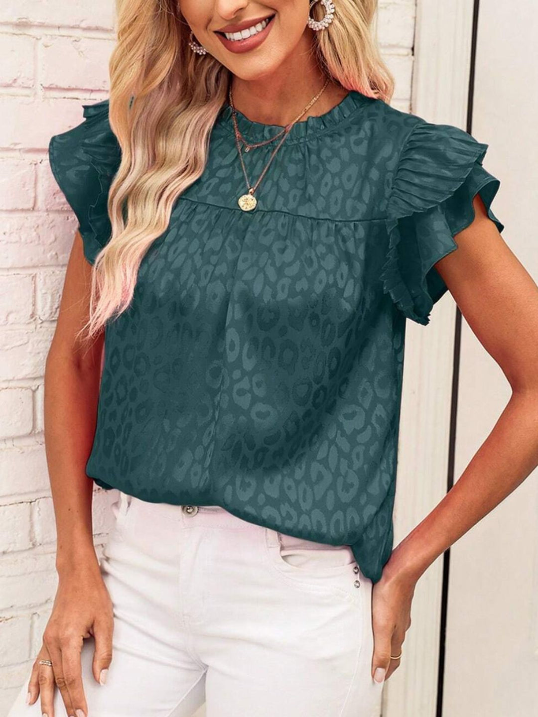 Heidi-Mode | Leopard Frill Mock Neck Rüschenshirt mit Cap Sleeves