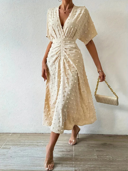 Heidi-Mode | Swiss Dot Rüsch Plissee Tiefer U-Ausschnitt Kurze Ärmel Midi Formelle Kleid für Frauen