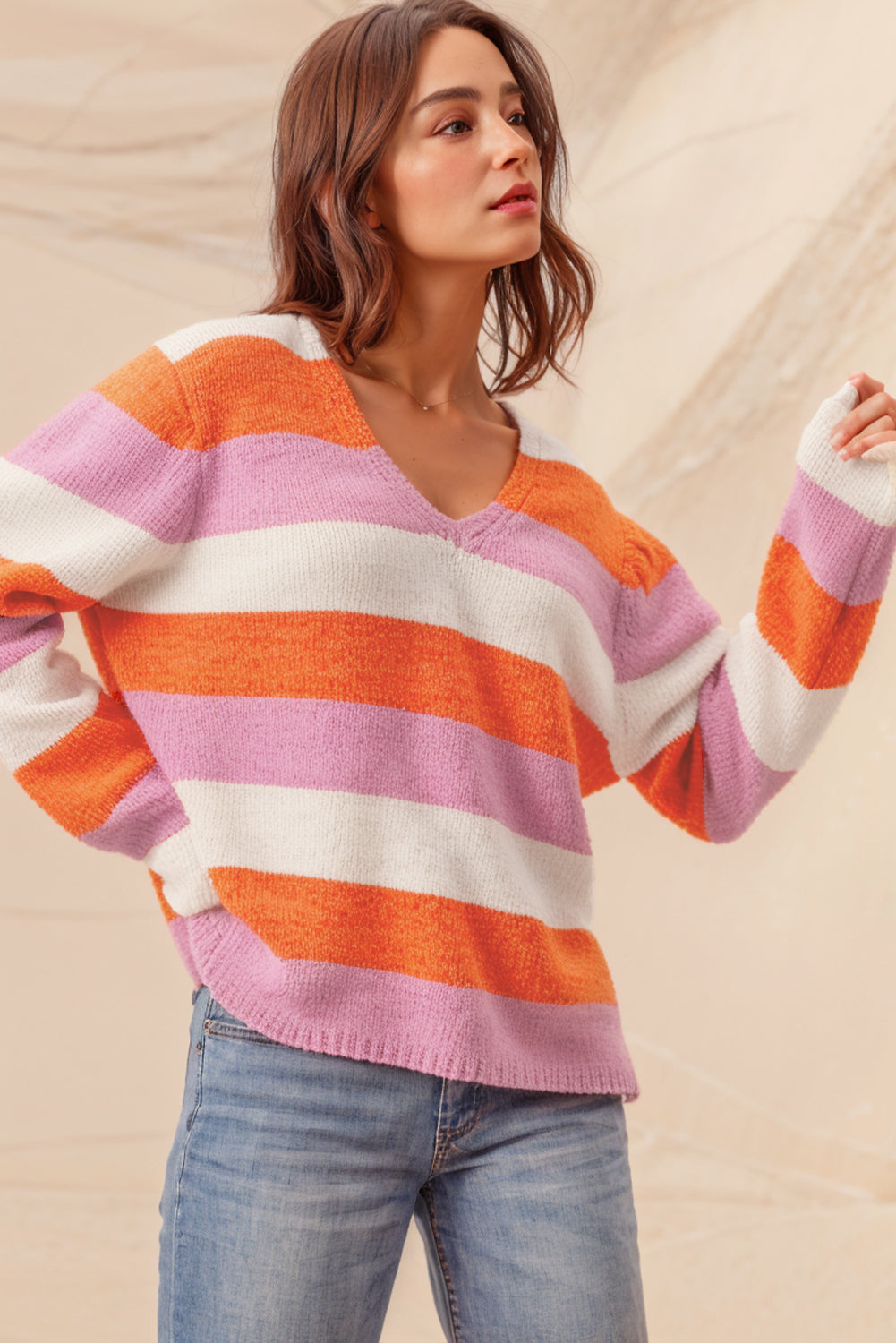 Gestreifter Colorblock V-Ausschnitt Freizeitpullover