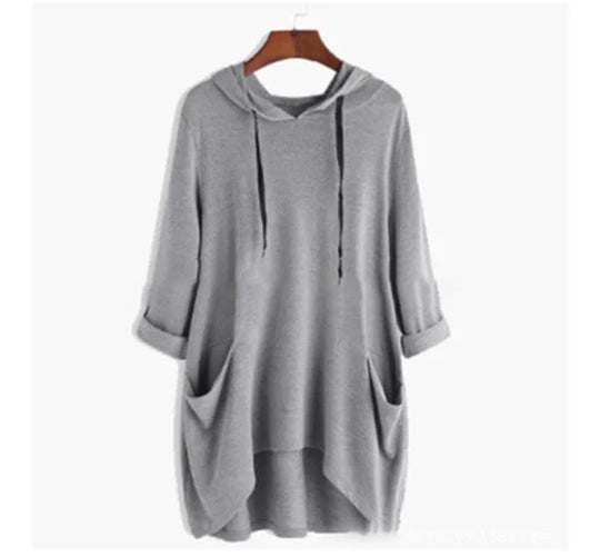 Heidi-Mode | Damen Hoodie Einfarbig Lässige Passform mit Ungleichmäßigem Taschen
