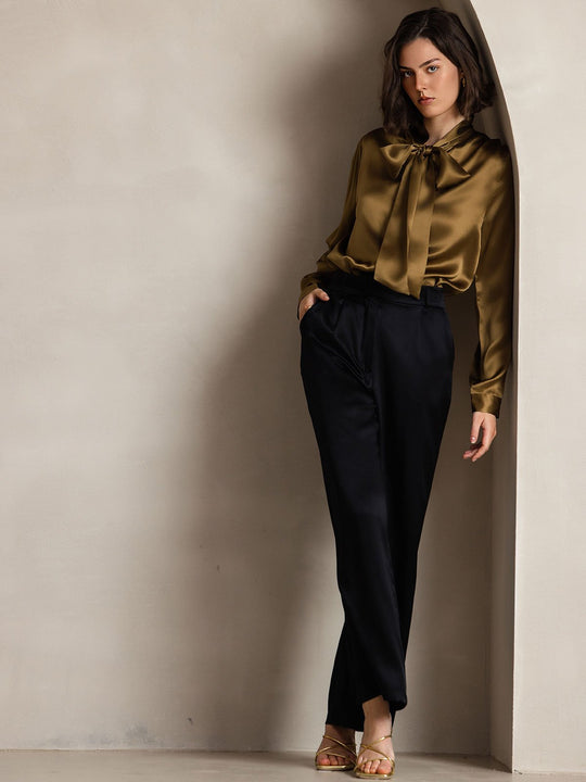 Heidi-Mode | Damen Elegante Seidenbluse mit Schlipskragen und Langen Ärmeln