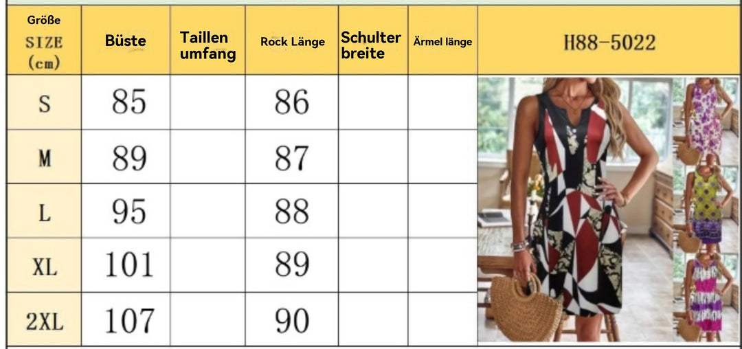 Heidi Mode | Bedrucktes ärmelloses Kleid mit V-Ausschnitt für Damen
