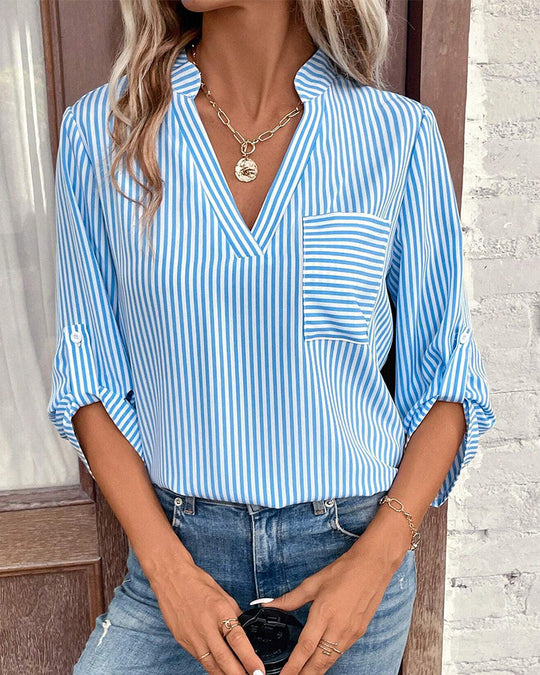 Heidi-Mode | gestreiftes Shirt mit V-Ausschnitt und Brusttasche