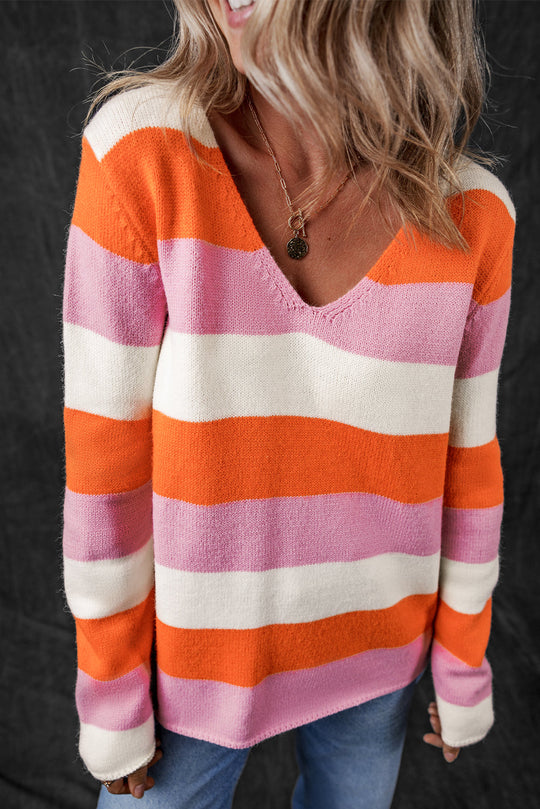 Gestreifter Colorblock V-Ausschnitt Freizeitpullover