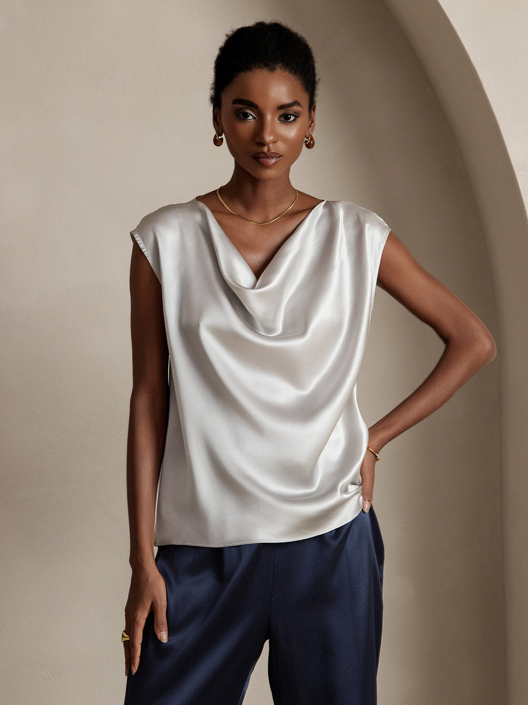 Heidi-Mode | Seiden Kappenärmel Halskragen Tanktop Bluse