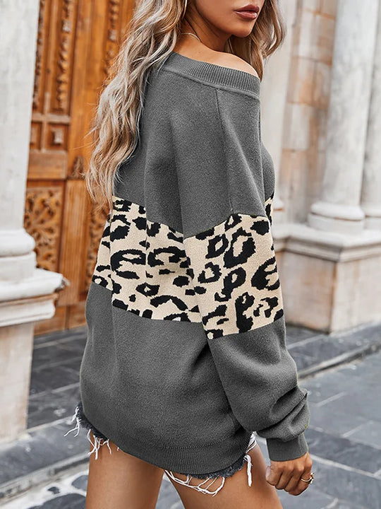 Heidi-Mode | Leoparden V-Ausschnitt Pullover Sweatshirt