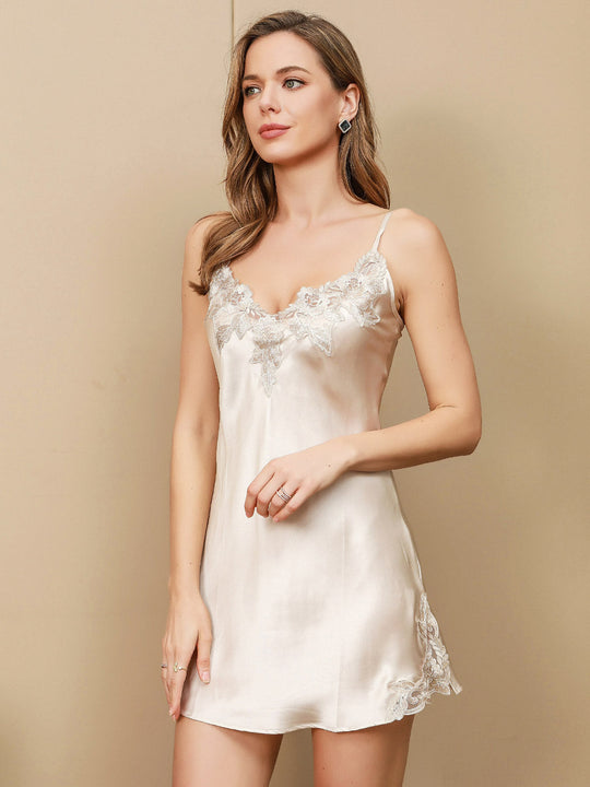 Heidi-Mode | 100% Seide Spitzen Split Saum Nachtkleid Slip Kleid