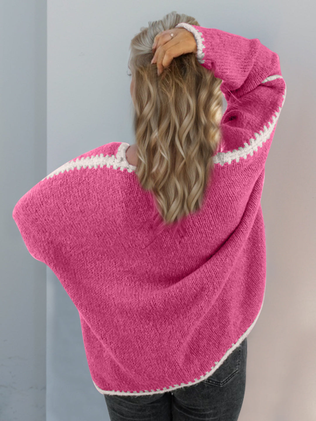 Heidi-Mode | Double Take Kontrast Offene Vorderseite Herunterfallende Schulter Strickjacke