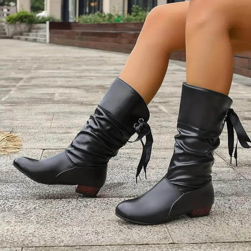 Heidi-Mode | Damenmode Schnürung Chunky Heel Stiefel Bis Zur Wade