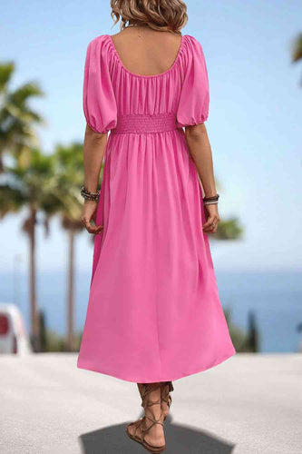 Heidi-Mode | Quadrat-Ausschnitt Geraffte Taille Puffärmeln Midi Kleid
