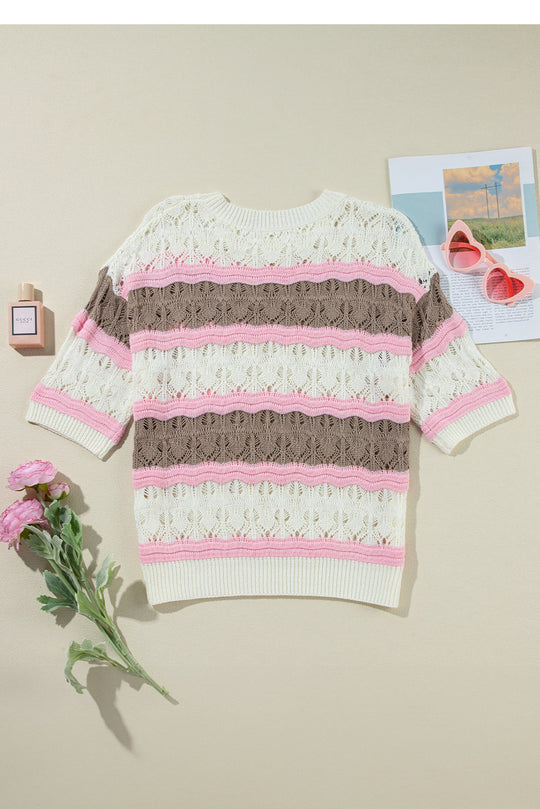 Stripe Color Block Hollow Out Crochet Half Sleeve Pullover