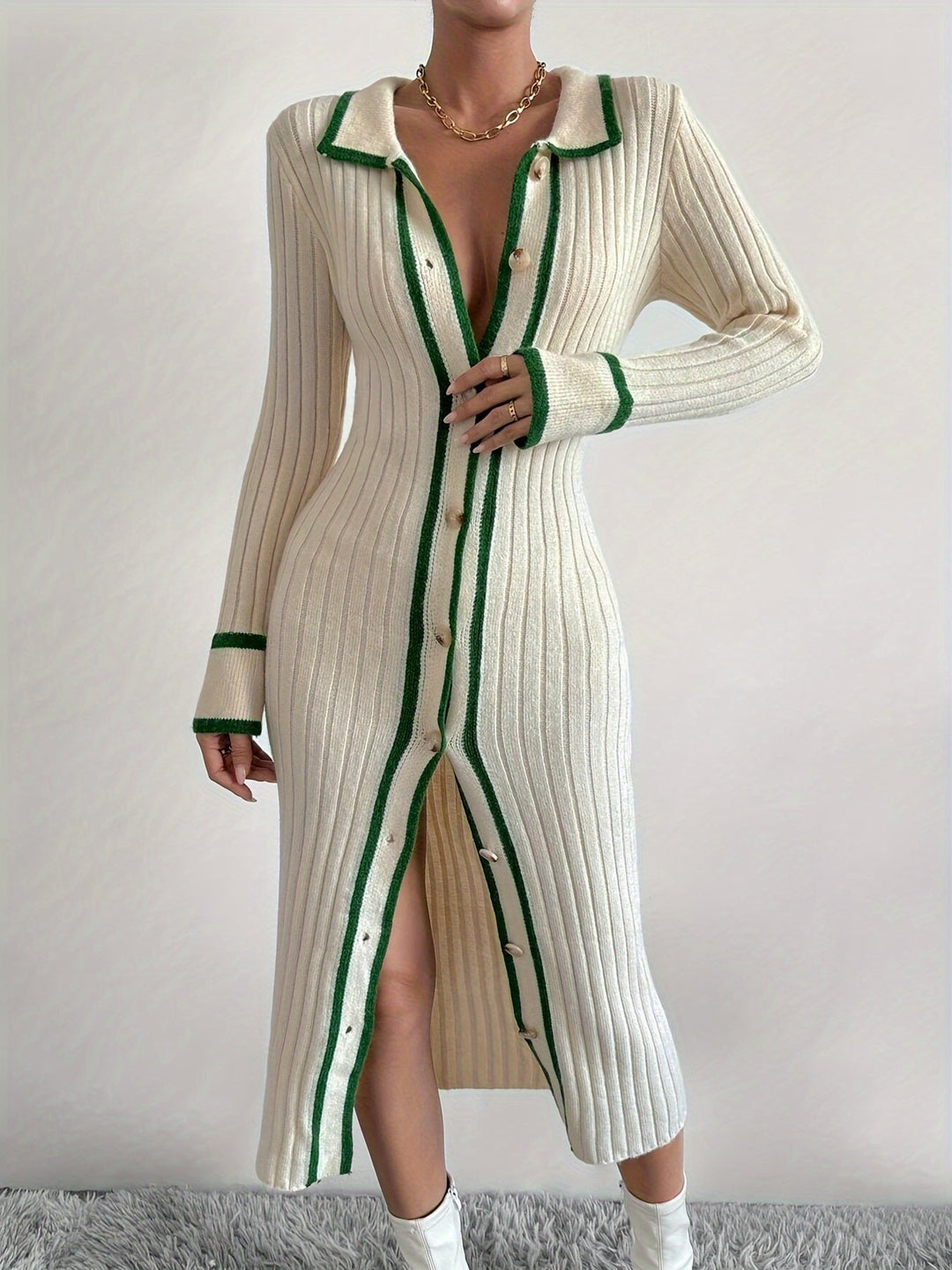 Heidi-Mode | Kontrastierende Verzierung und Knopfleiste Vorne, Elegantes, Schmales Kleid mit Langem Kragen für Frühling und Herbst, Damenbekleidung