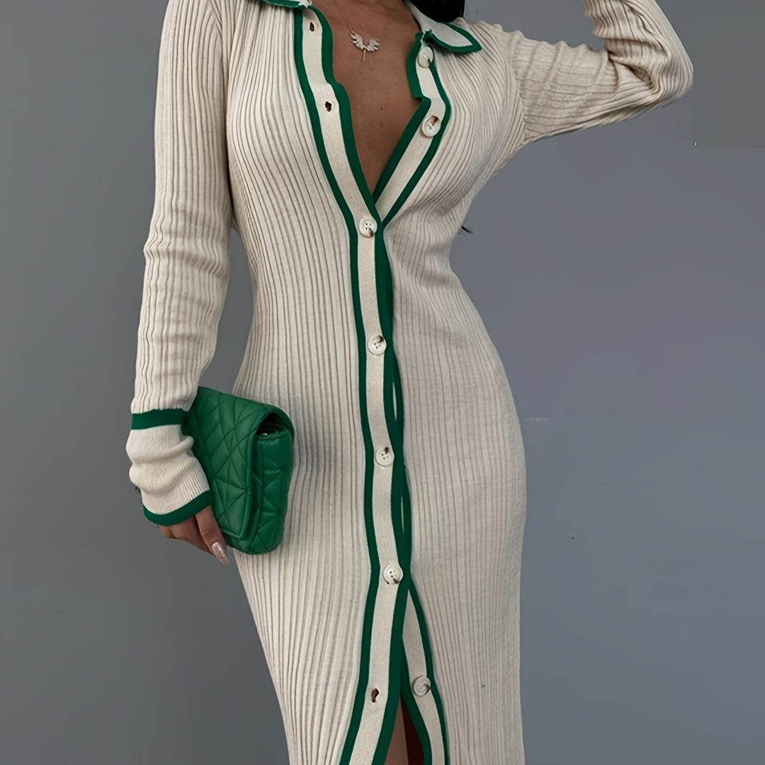 Heidi-Mode | Kontrastierende Verzierung und Knopfleiste Vorne, Elegantes, Schmales Kleid mit Langem Kragen für Frühling und Herbst, Damenbekleidung
